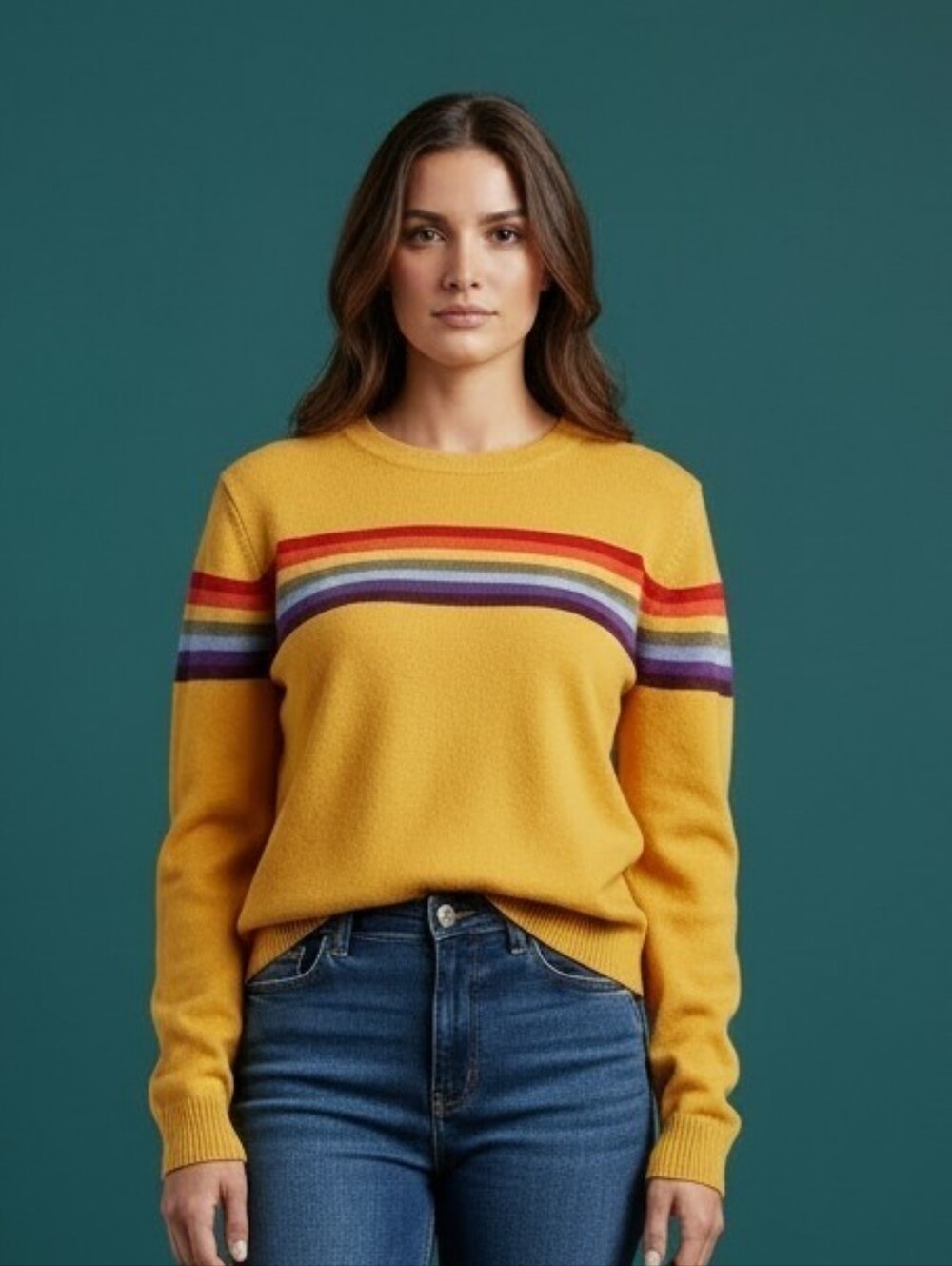 MADELEINE THOMPSON X AQUA Mustard Sweater With Rainbow